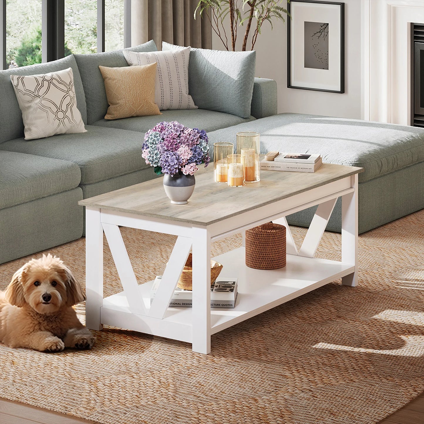 GALAXHERO Coffee Table Storage Shelf Sturdy V Shaped Support Farmhouse Wood Center Table for Living Room Bedroom Office Balcony