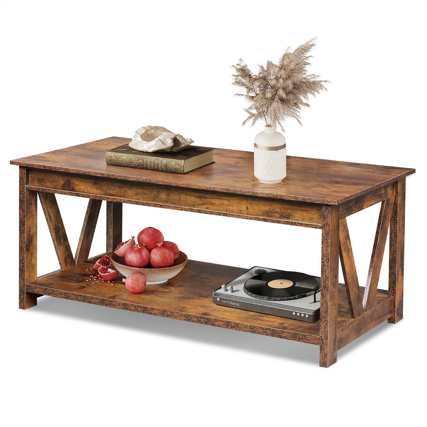 GALAXHERO Coffee Table Storage Shelf Sturdy V Shaped Support Farmhouse Wood Center Table for Living Room Bedroom Office Balcony
