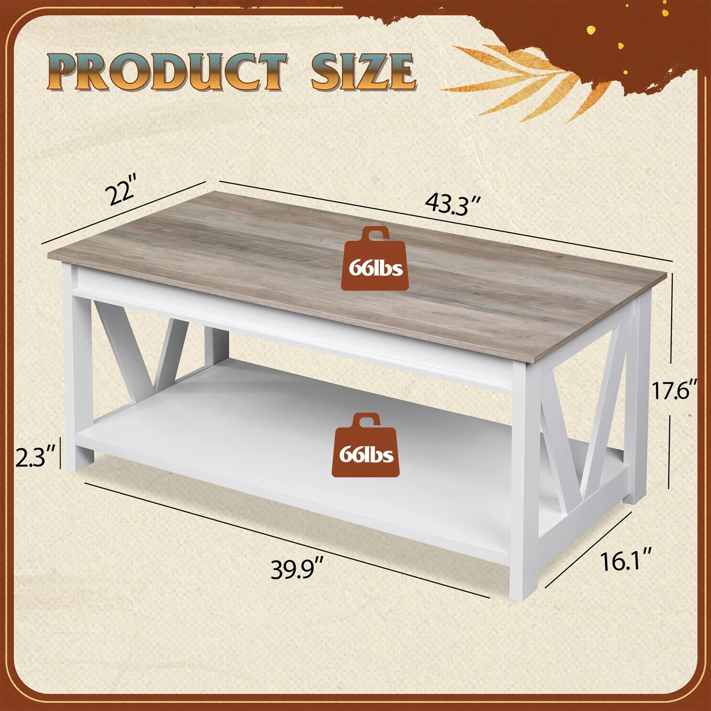 GALAXHERO Coffee Table Storage Shelf Sturdy V Shaped Support Farmhouse Wood Center Table for Living Room Bedroom Office Balcony