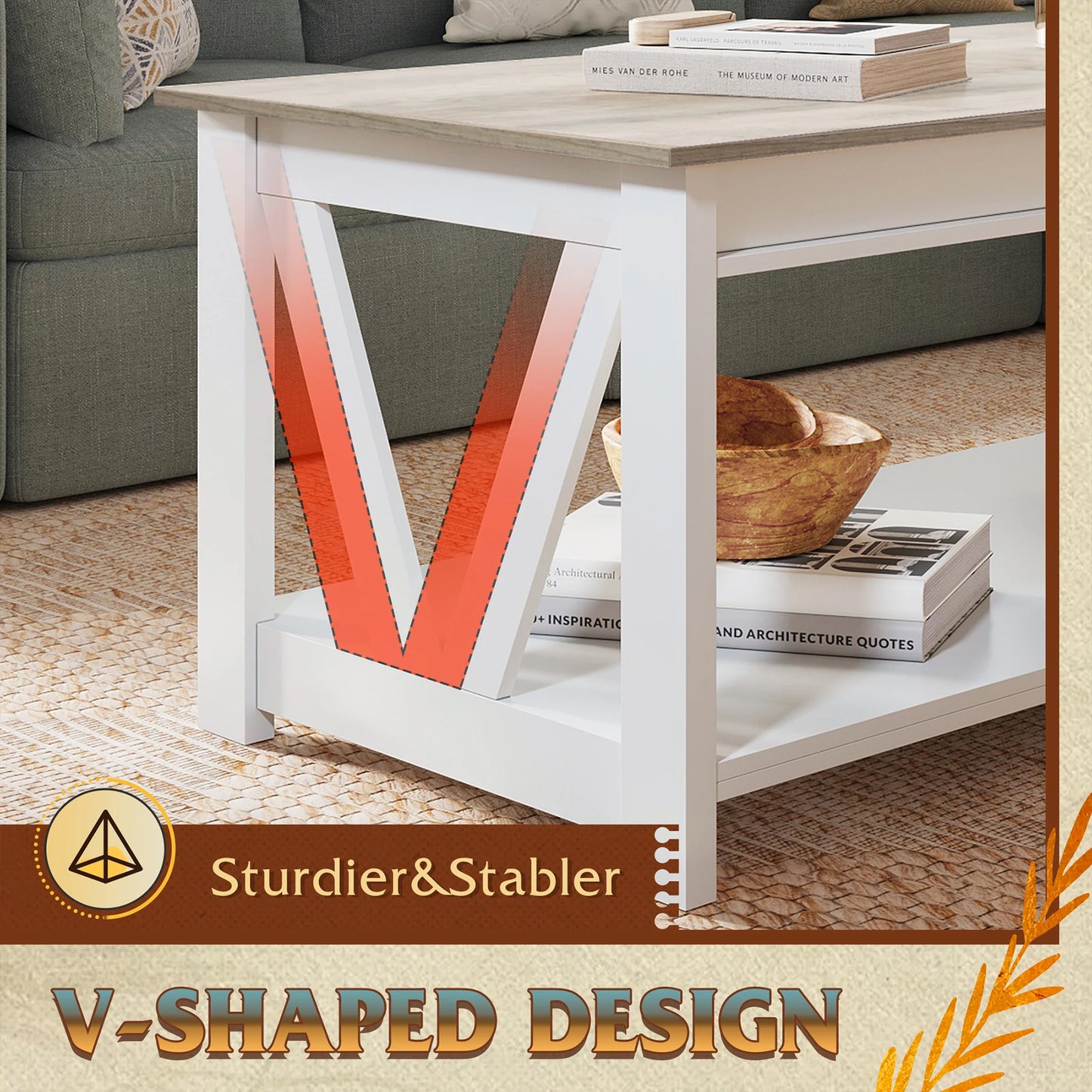 GALAXHERO Coffee Table Storage Shelf Sturdy V Shaped Support Farmhouse Wood Center Table for Living Room Bedroom Office Balcony