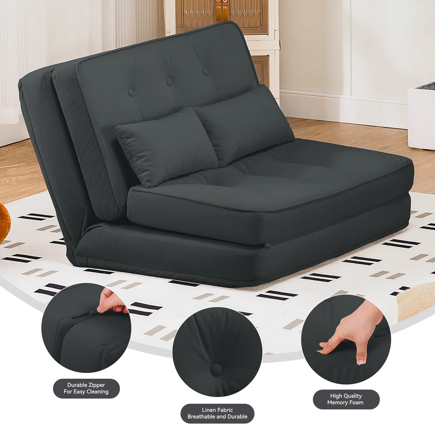 COMHOMA Folding Sofa Bed, Convertible Sleeper Chair, Fold Out Chair with Adjustable Backrest & Pillows for Living Room