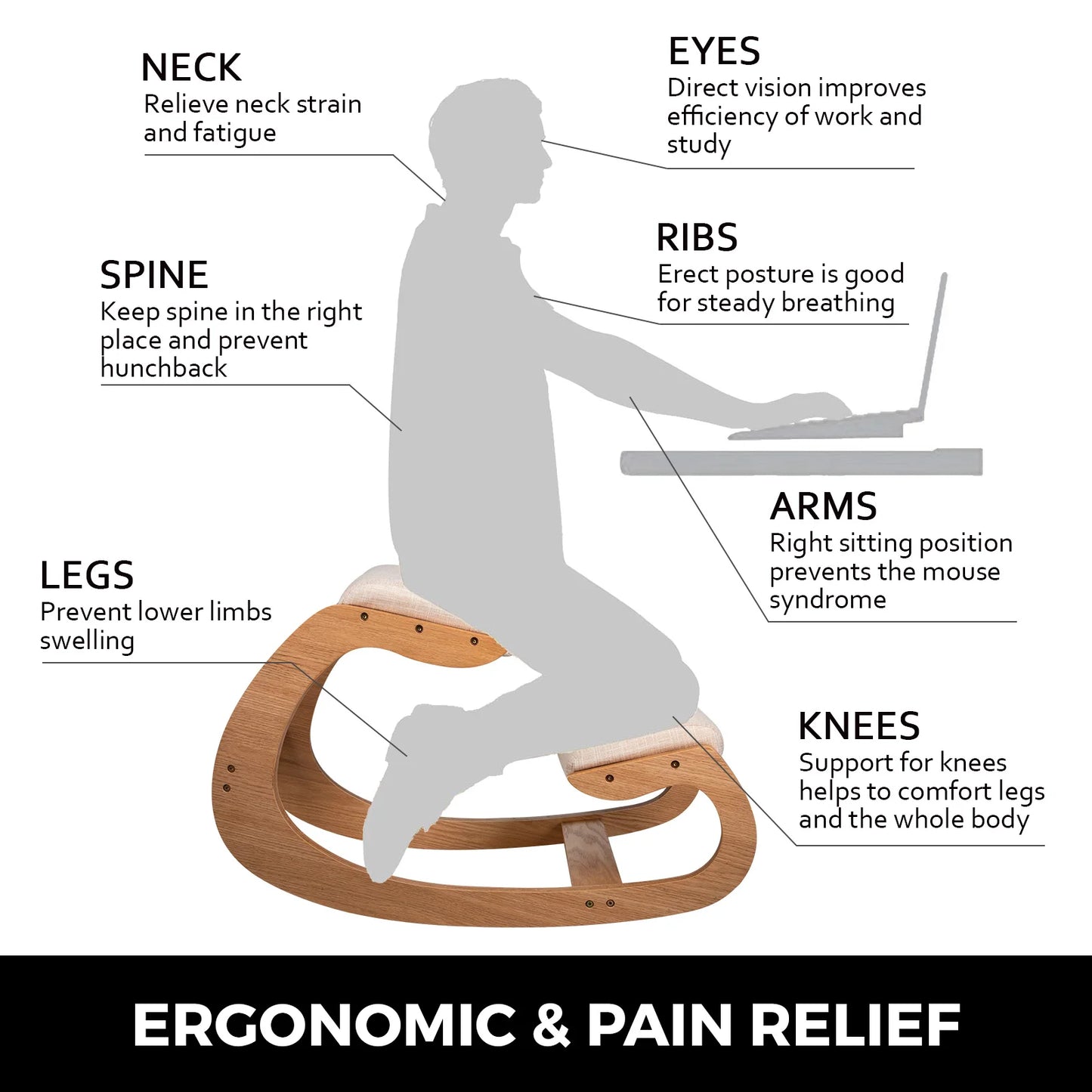 Ergonomic Wood Kneeling Chair Improves Posture With Cushion