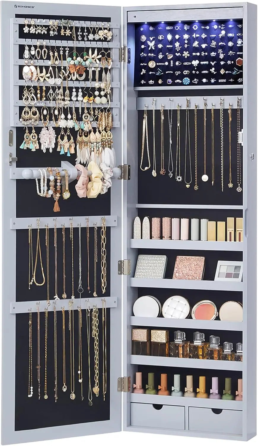 Lockable LED Jewelry Cabinet with Full-Length Mirror and Drawers