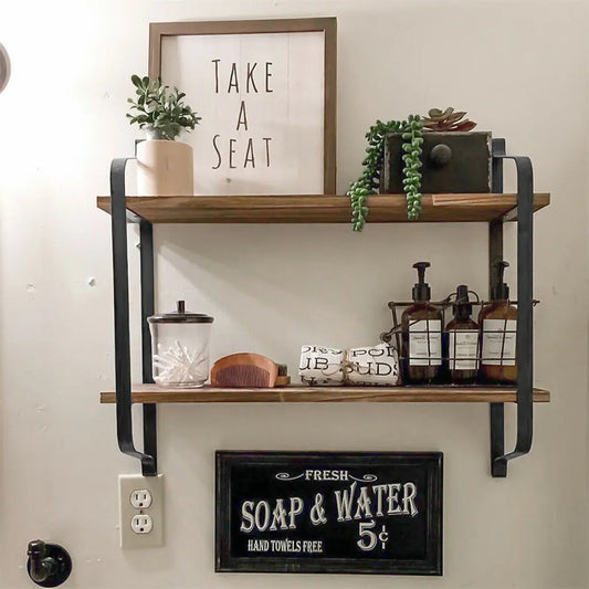 Rustic Industrial Pipe Wall Floating Shelf 2 Tier Storage