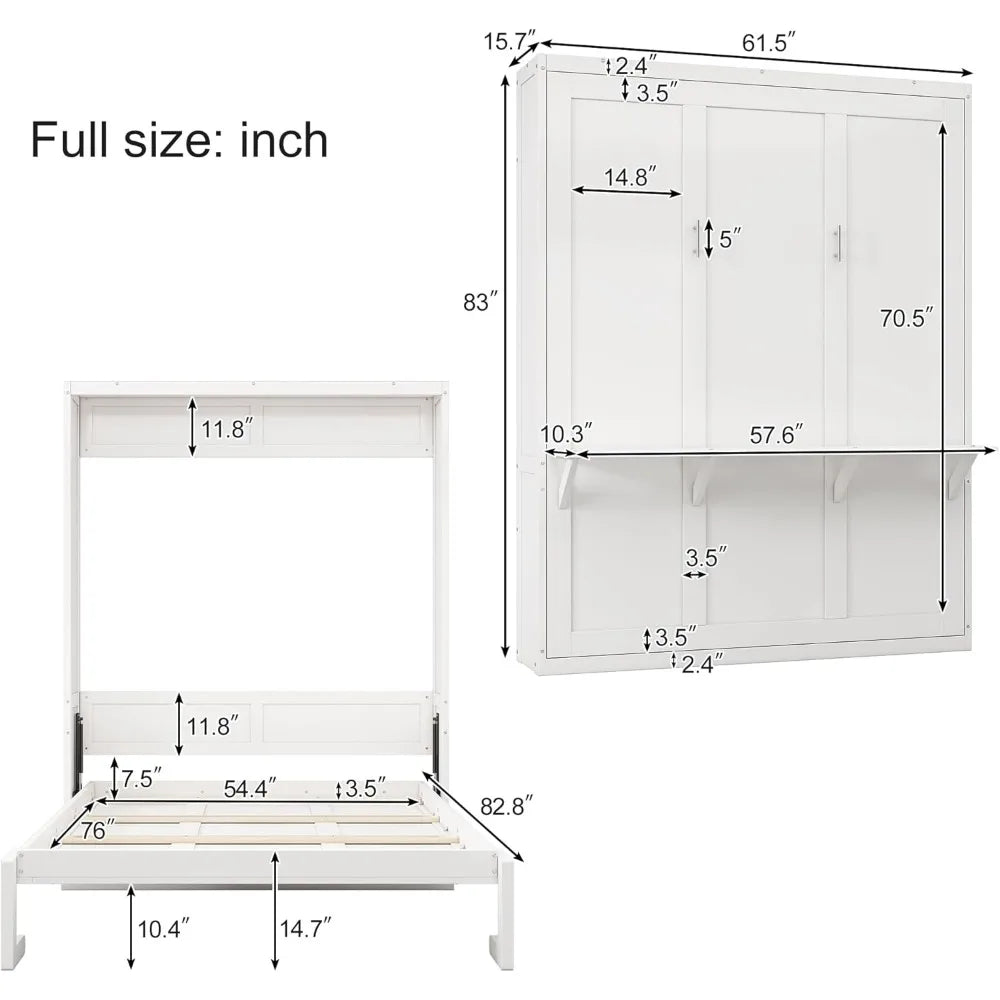 Softsea Full Size Murphy Bed Cabinet White Wood Wall Bed