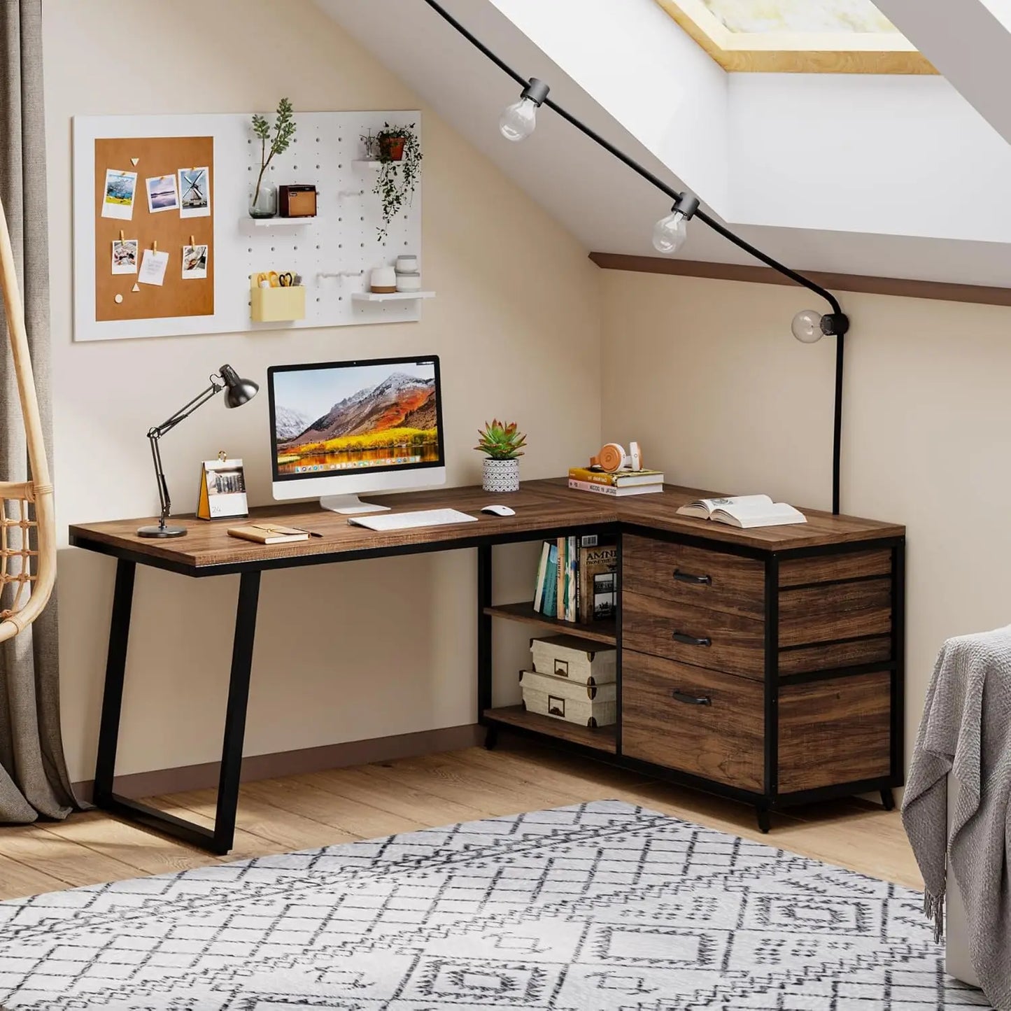Rustic Brown L Shaped Computer Desk With 3 Drawers