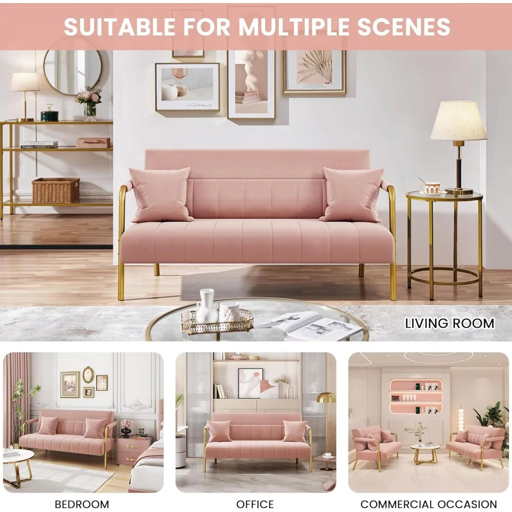 Luxurious Velvet Sofa with Gold-Tone Metal Arms and Legs