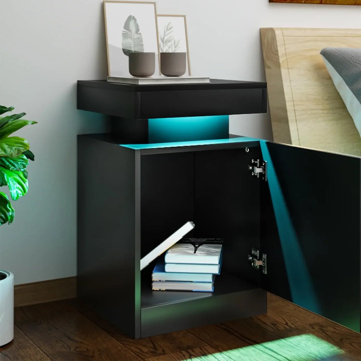 Modern Nightstand Set of 2 with LED Lights and Storage Cabinet