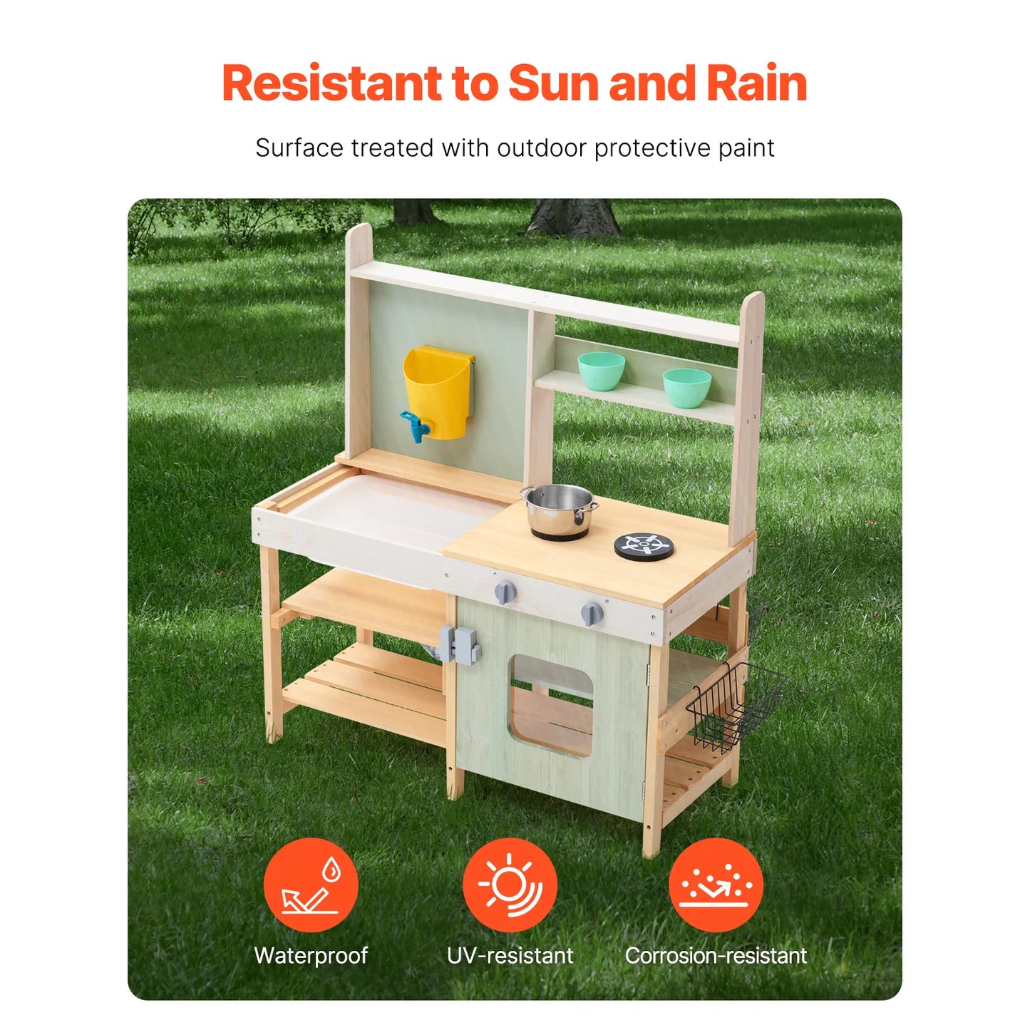 VEVOR Children Wooden Mud Kitchen Toy Toddler Outdoor Play Kitchen Set with Stoves Faucet & Cookware Pots for Kids Girls Gifts