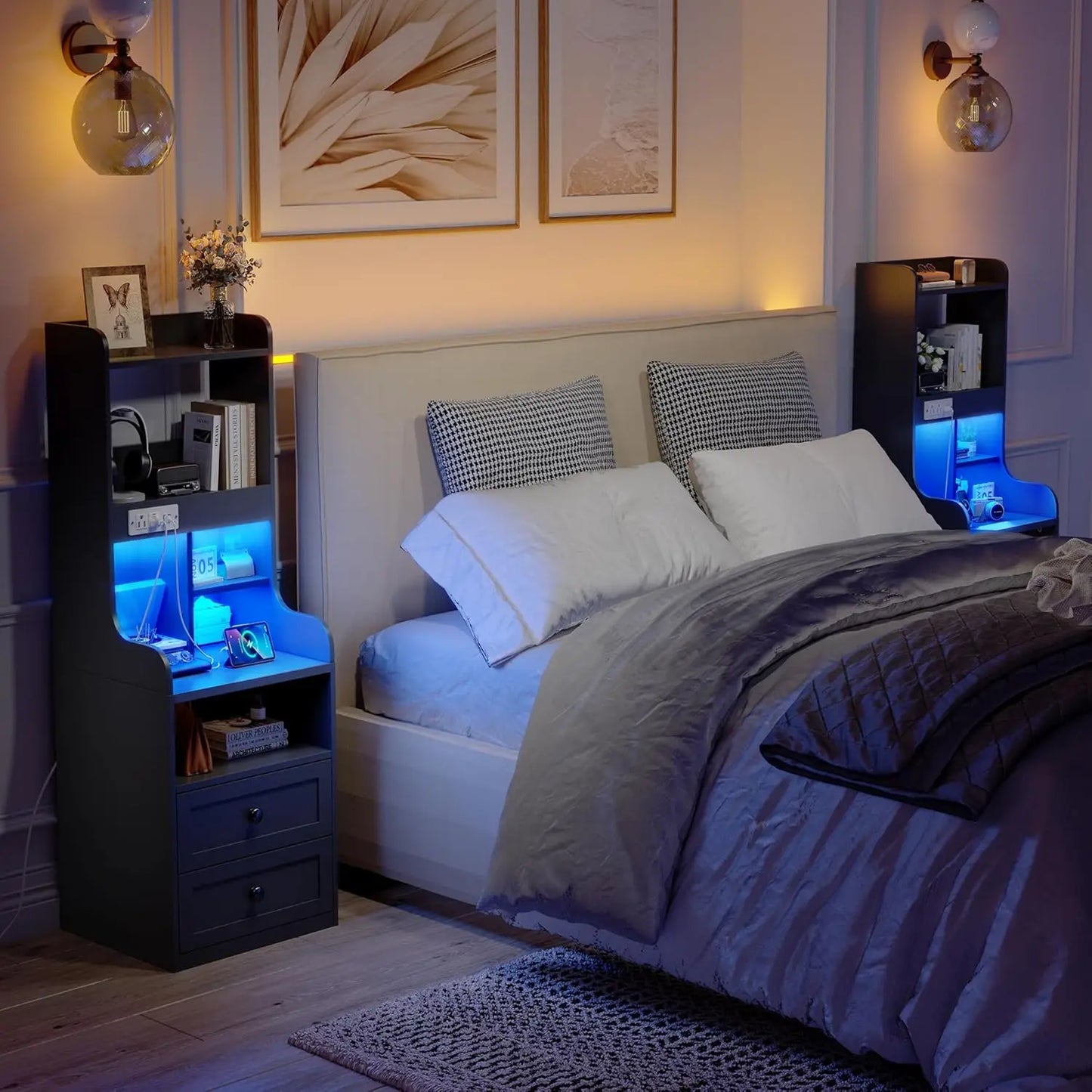Tall Nightstand with LED Lights and USB Charging Station