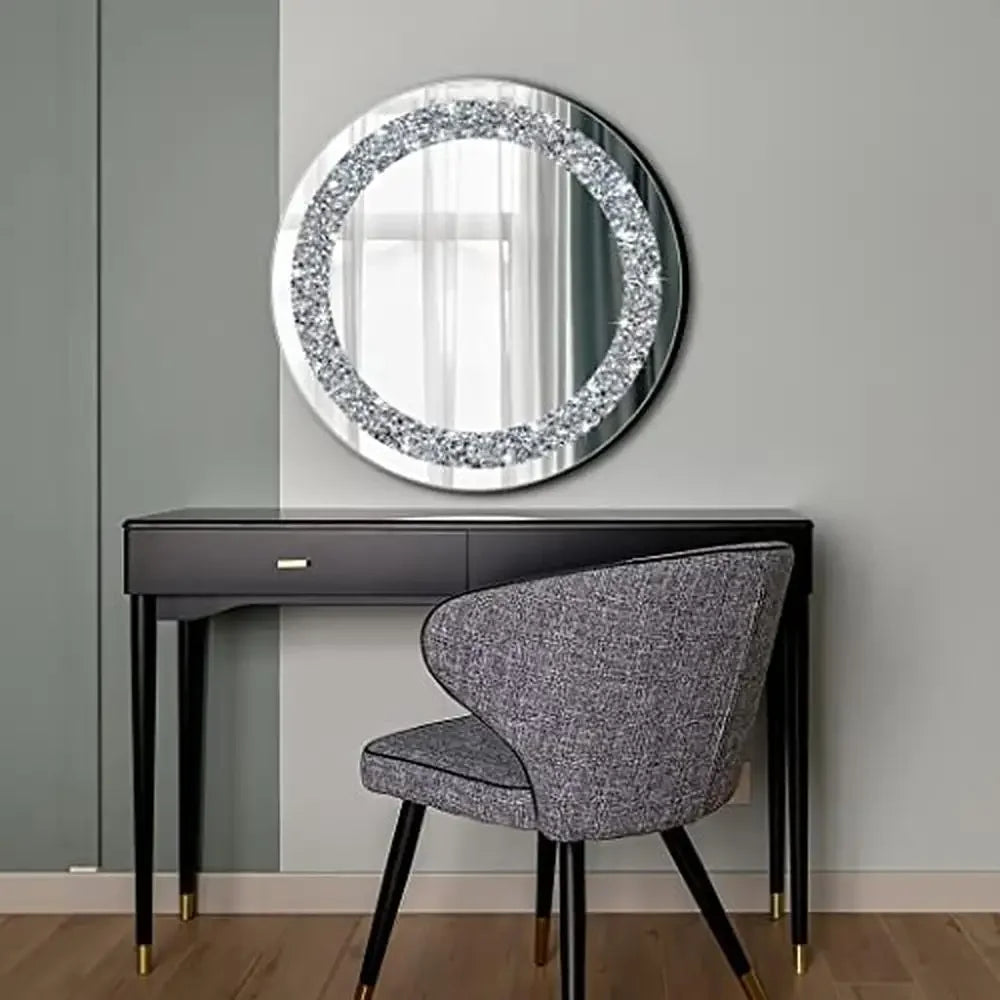 Round Crystal Diamond Mirror Frameless Silver Wall Decor