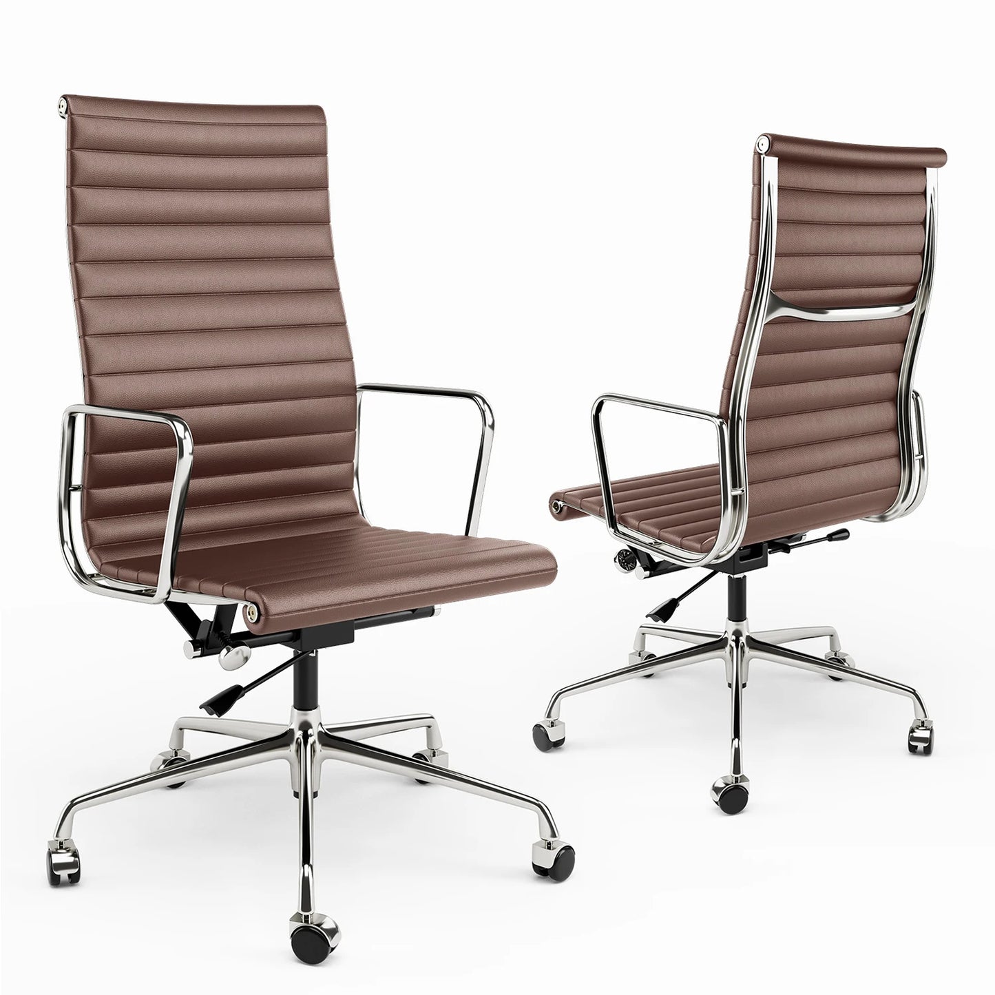 Low Back Brown Leather Office Chair Aluminum Frame Swivel