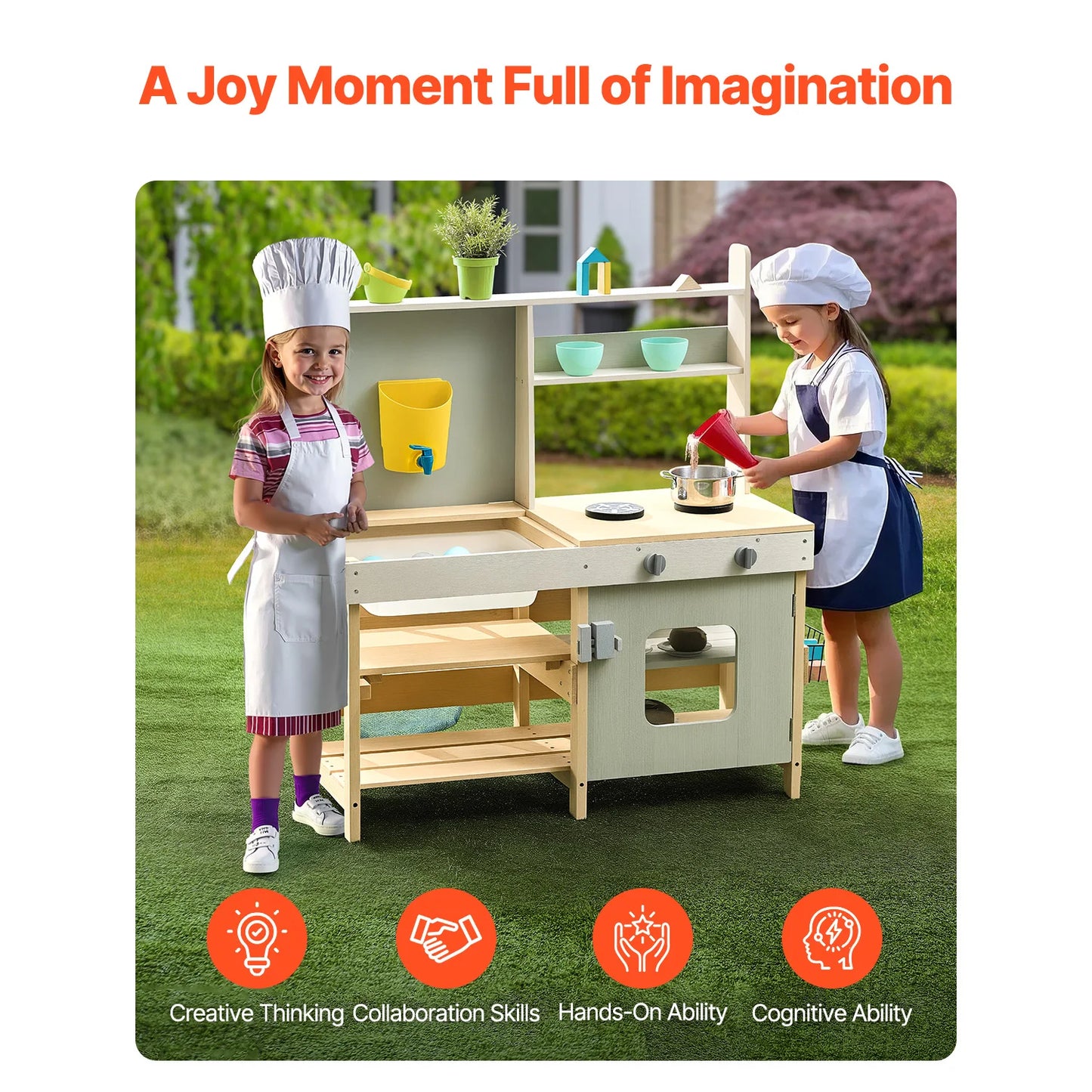 VEVOR Children Wooden Mud Kitchen Toy Toddler Outdoor Play Kitchen Set with Stoves Faucet & Cookware Pots for Kids Girls Gifts