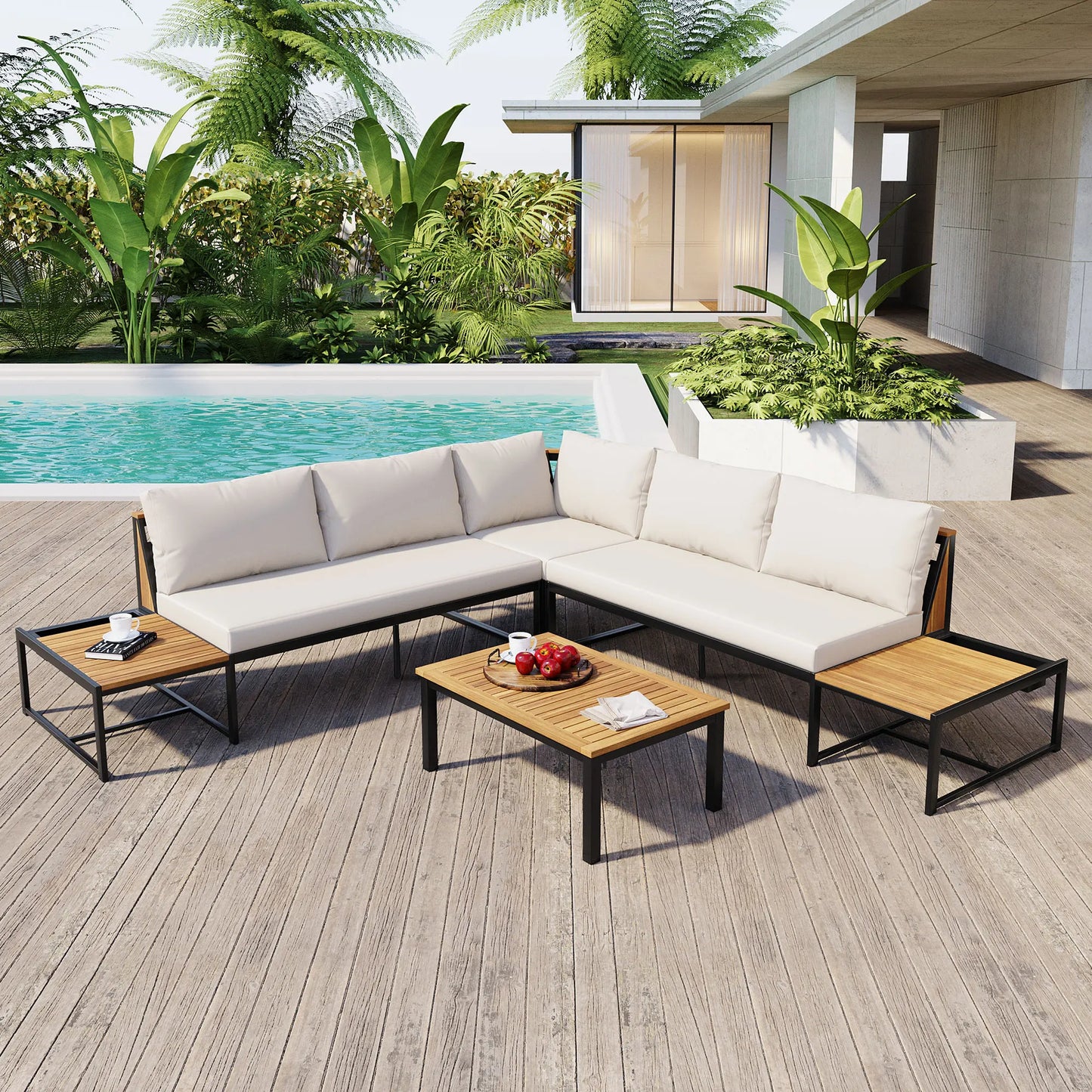Patio Sectional Sofa Set With Built In Table And Cushions