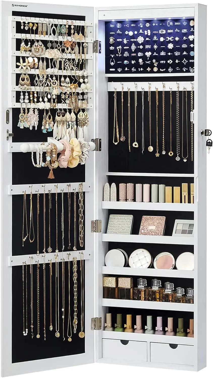 Lockable LED Jewelry Cabinet with Full-Length Mirror and Drawers