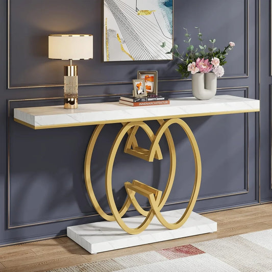 55 Inch Console Table With Geometric Metal Base White Gold