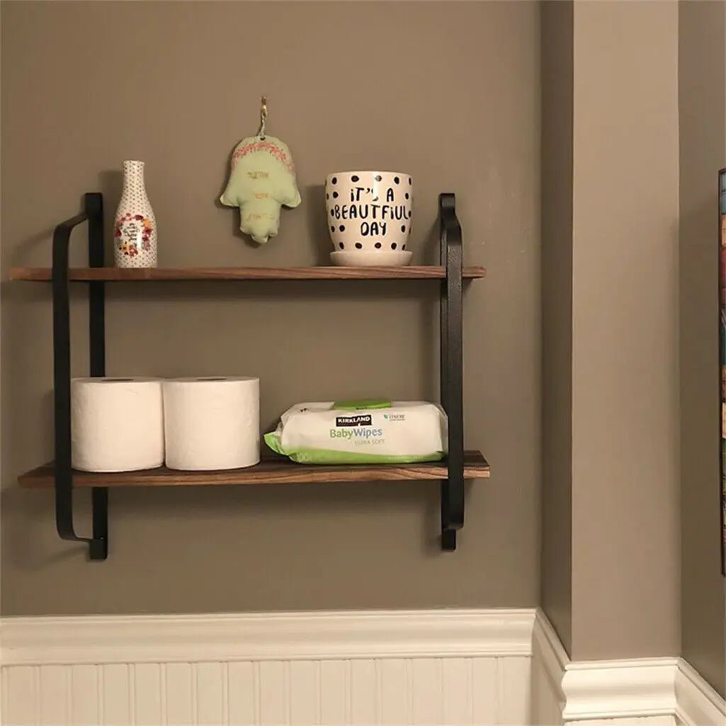 Rustic Industrial Pipe Wall Floating Shelf 2 Tier Storage