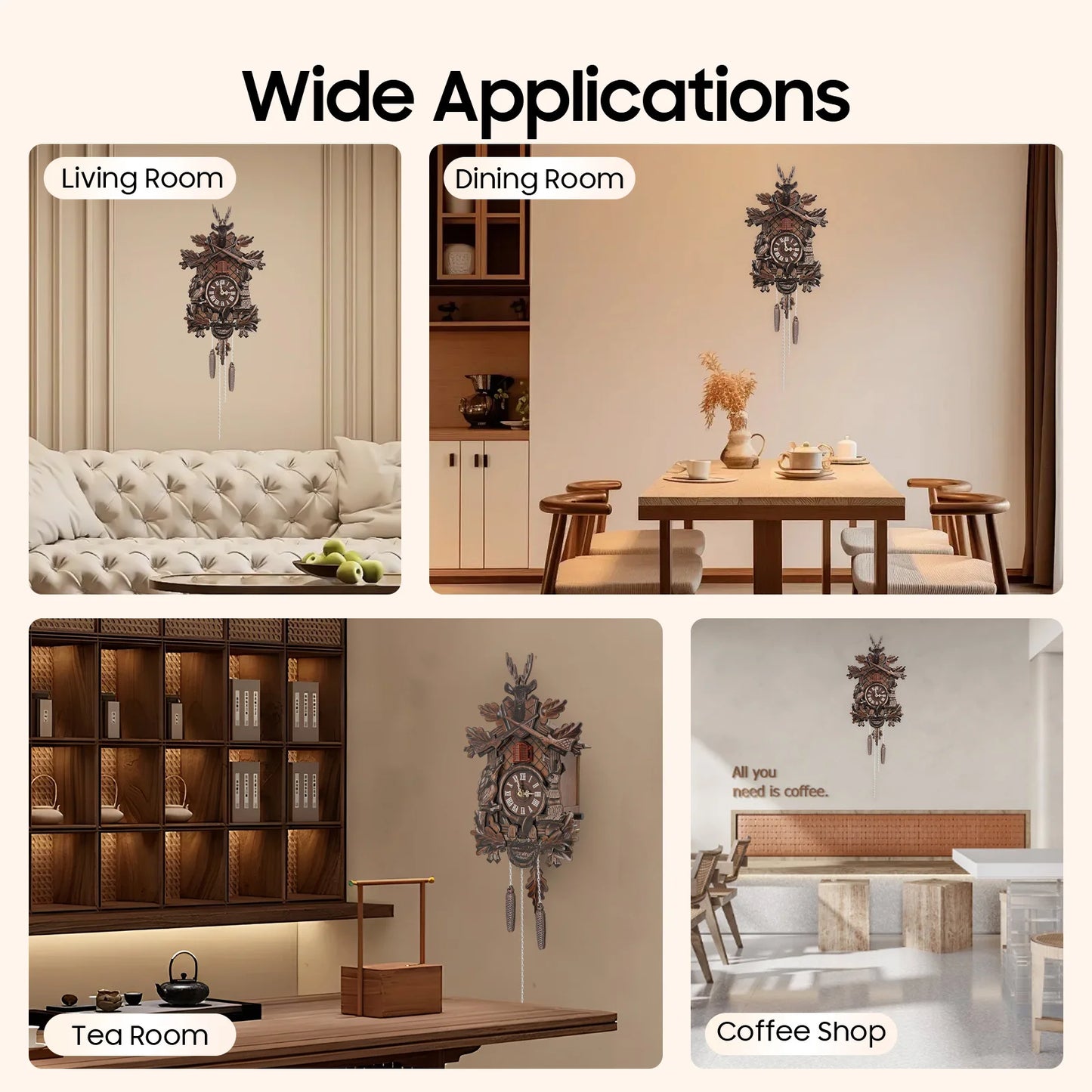 Wooden Cuckoo Clock with Pendulum Bird Automatic Chiming for Living Room Kitchen Office Wall Decor Silent Quartz Movement Home