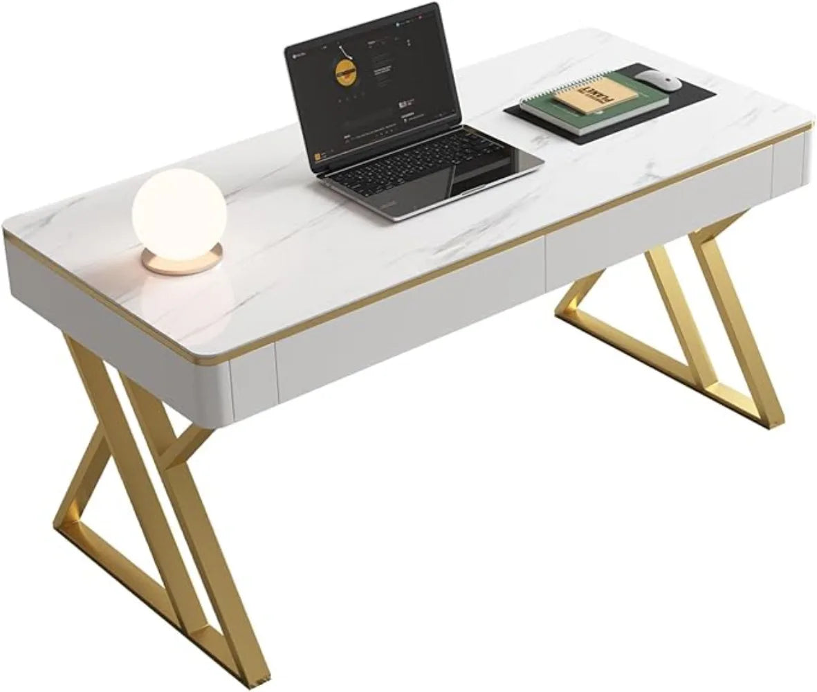 White Wooden Office Computer Desk with Tempered Glass Top and Storage Drawers