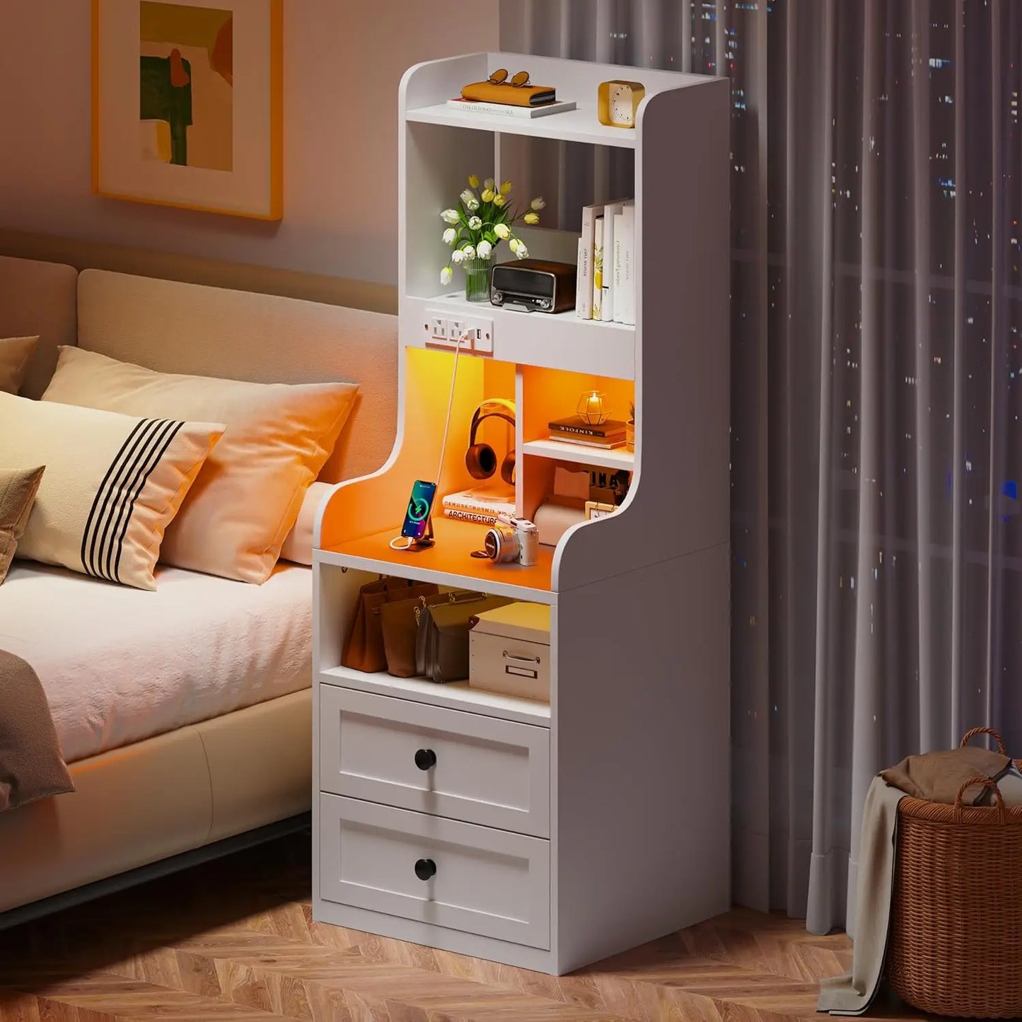 Tall Nightstand with LED Lights and USB Charging Station