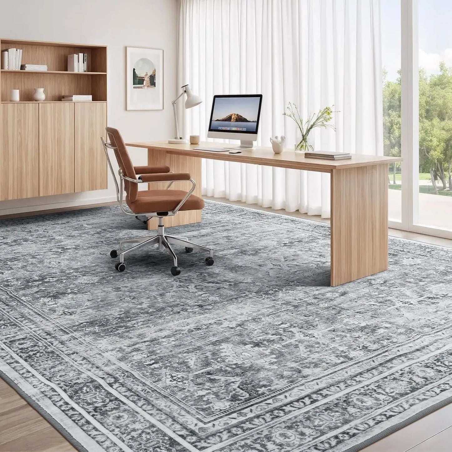 8x10 Washable Area Rug with Non-Slip Backing, Soft Grey Floral Carpet for Living Room Bedroom Dining Office Nursery