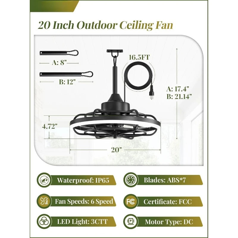 20 Inch Weatherproof Outdoor Ceiling Fan with Light and Remote Control
