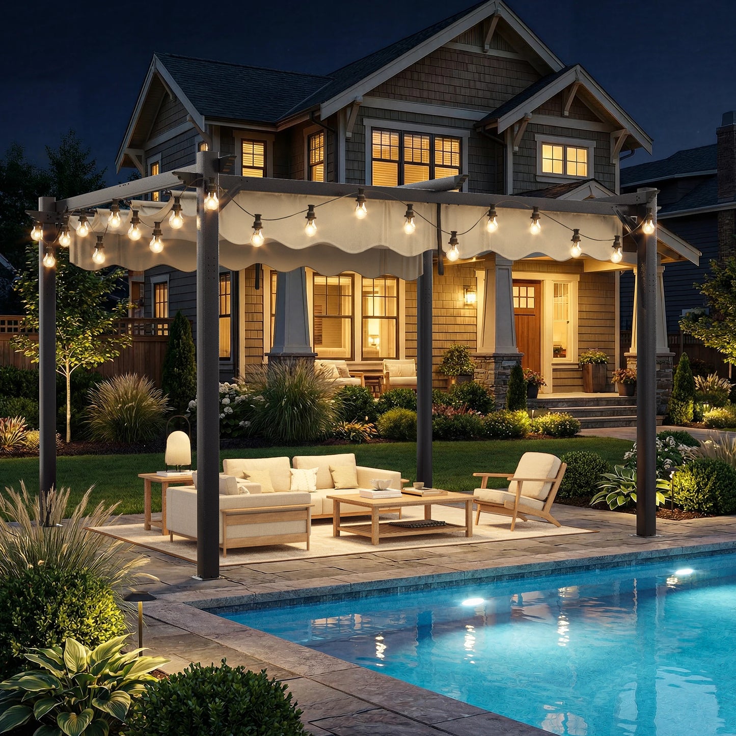 10x12FT Outdoor Aluminum Pergola, with Retractable Canopy and Anchoring Stand, Backyard