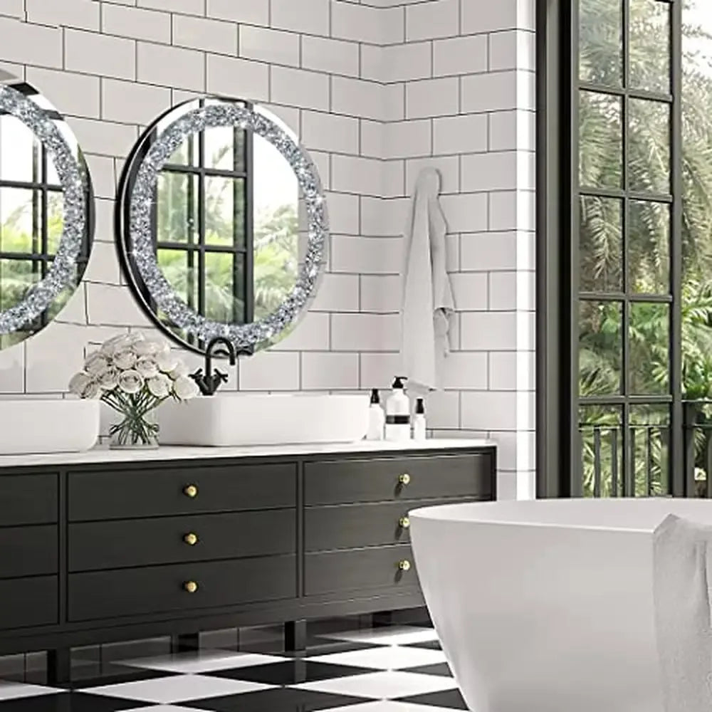 Round Crystal Diamond Mirror Frameless Silver Wall Decor