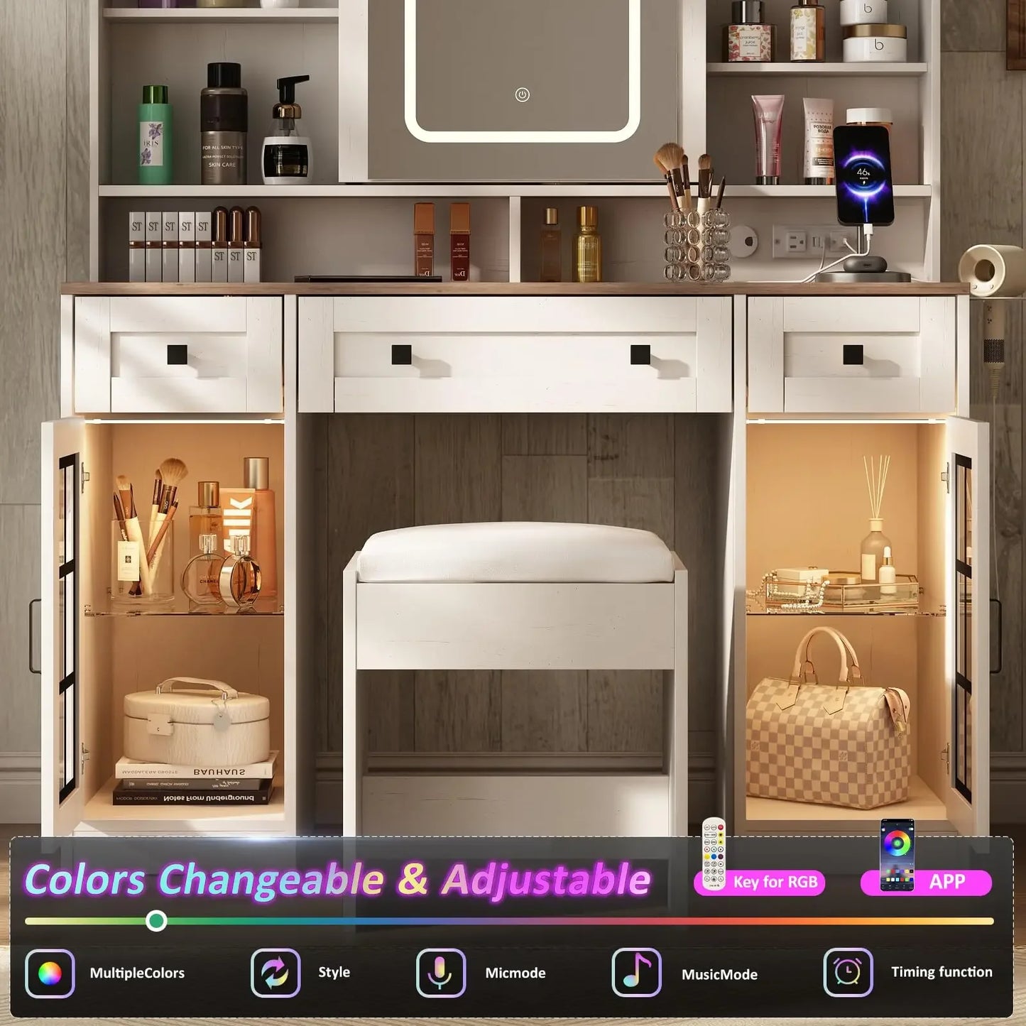 Vabches Large Vanity Desk with Lights and Charging Station
