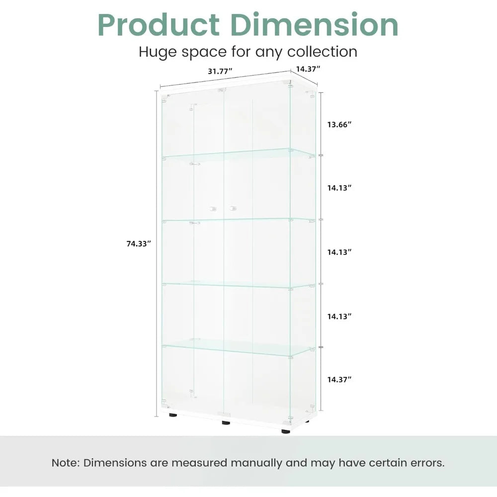 White Glass Display Cabinet with 5 Shelves for Living Room Storage