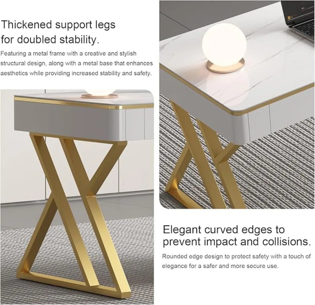 White Wooden Office Computer Desk with Tempered Glass Top and Storage Drawers