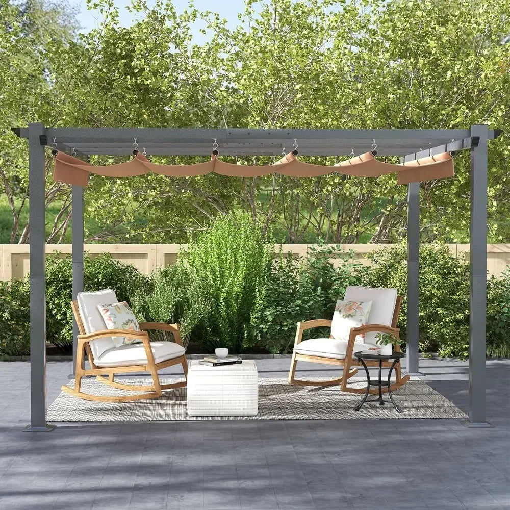 Outdoor Metal Pergola With Adjustable Roof And Brown Shade