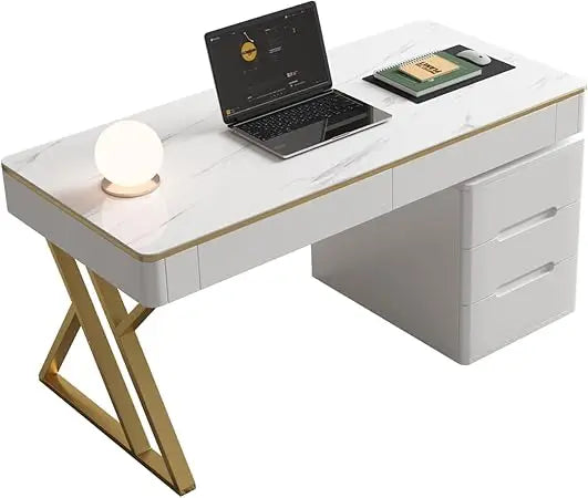 White Wooden Office Computer Desk with Tempered Glass Top and Storage Drawers