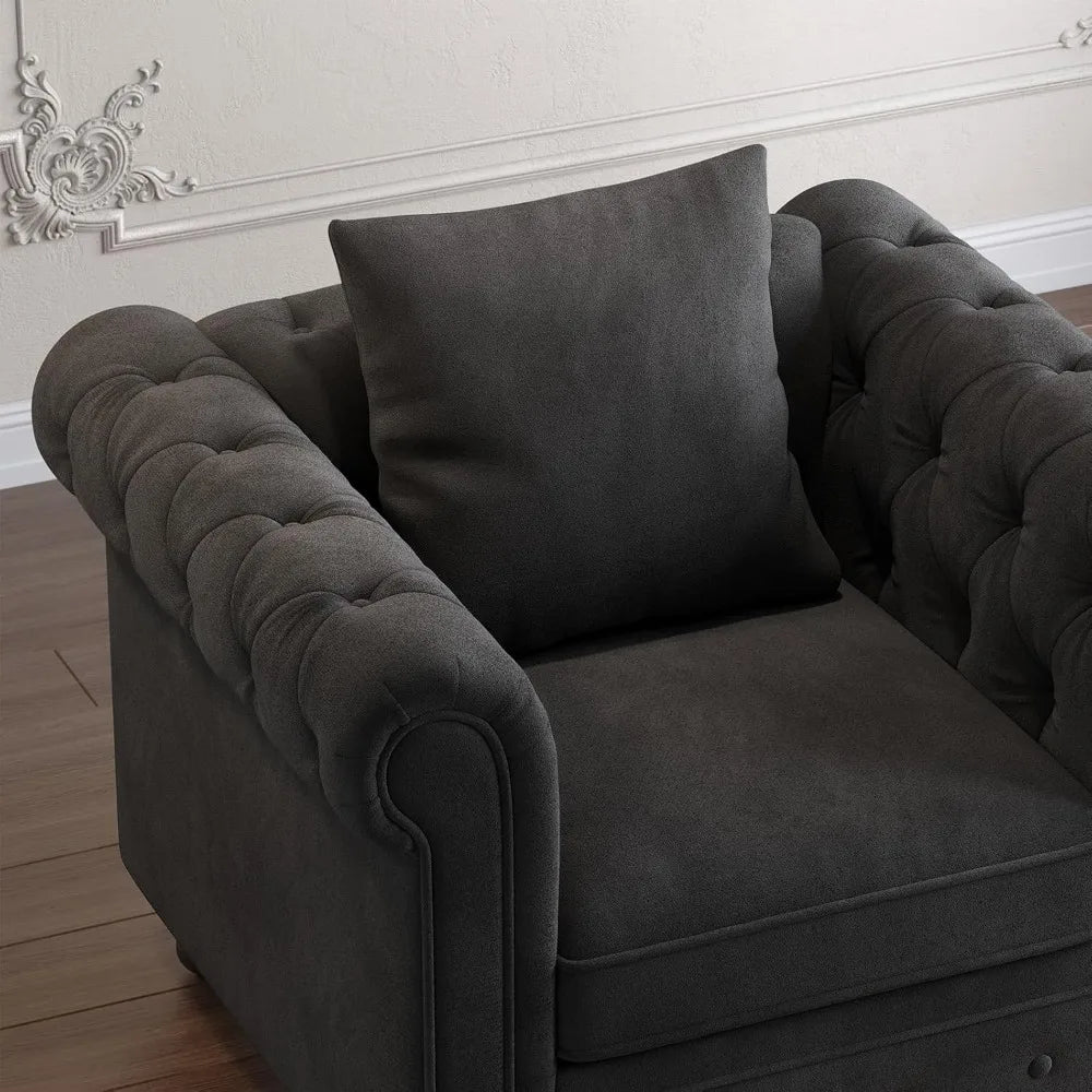 Velvet Armchair, Chesterfield Chair for Living Room, Tufted Accent Chair with Throw Pillow, Comfy Rolled Arm Club Chair, Springs