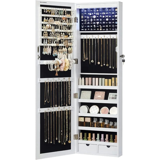 Lockable LED Jewelry Cabinet with Full-Length Mirror and Drawers