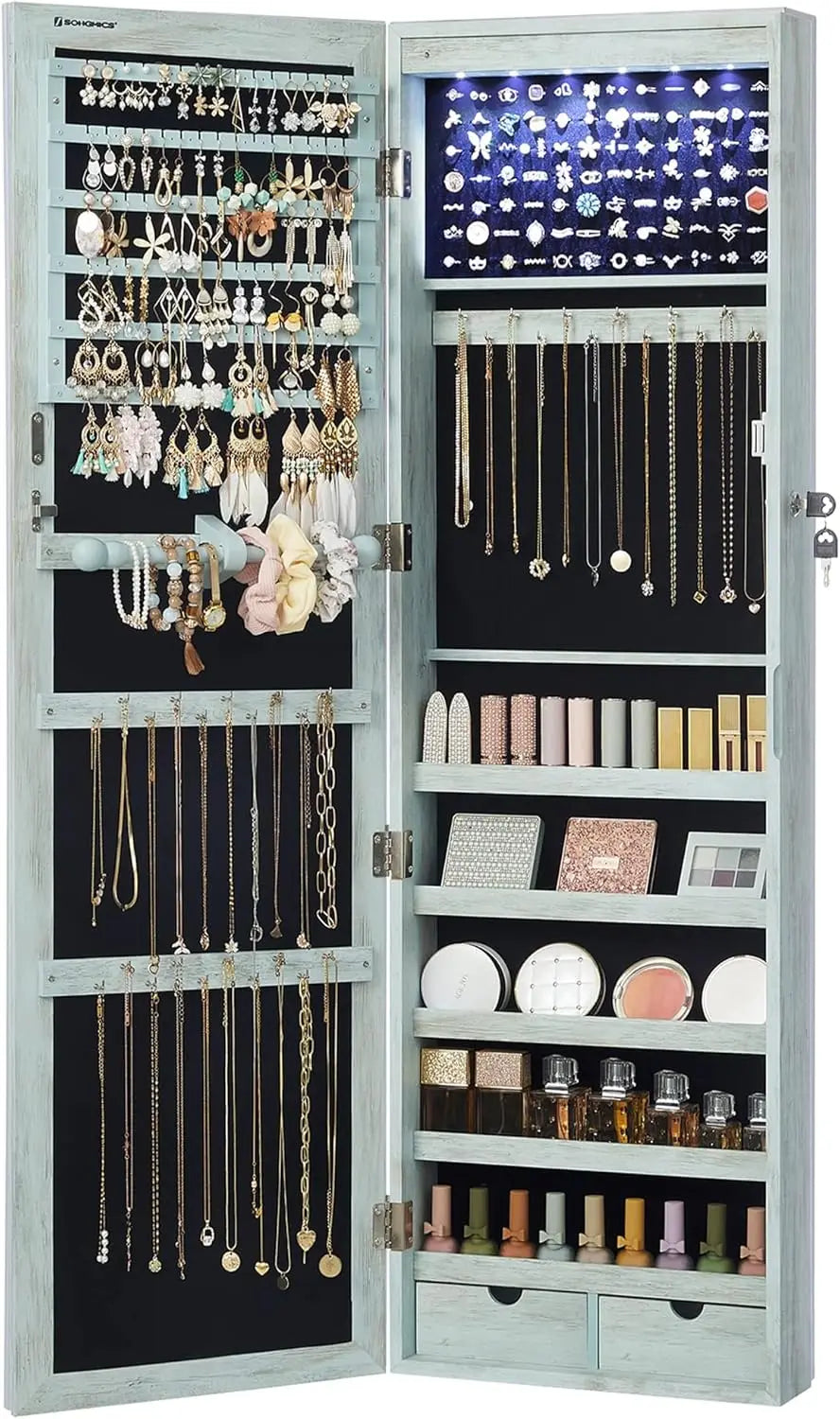 Lockable LED Jewelry Cabinet with Full-Length Mirror and Drawers