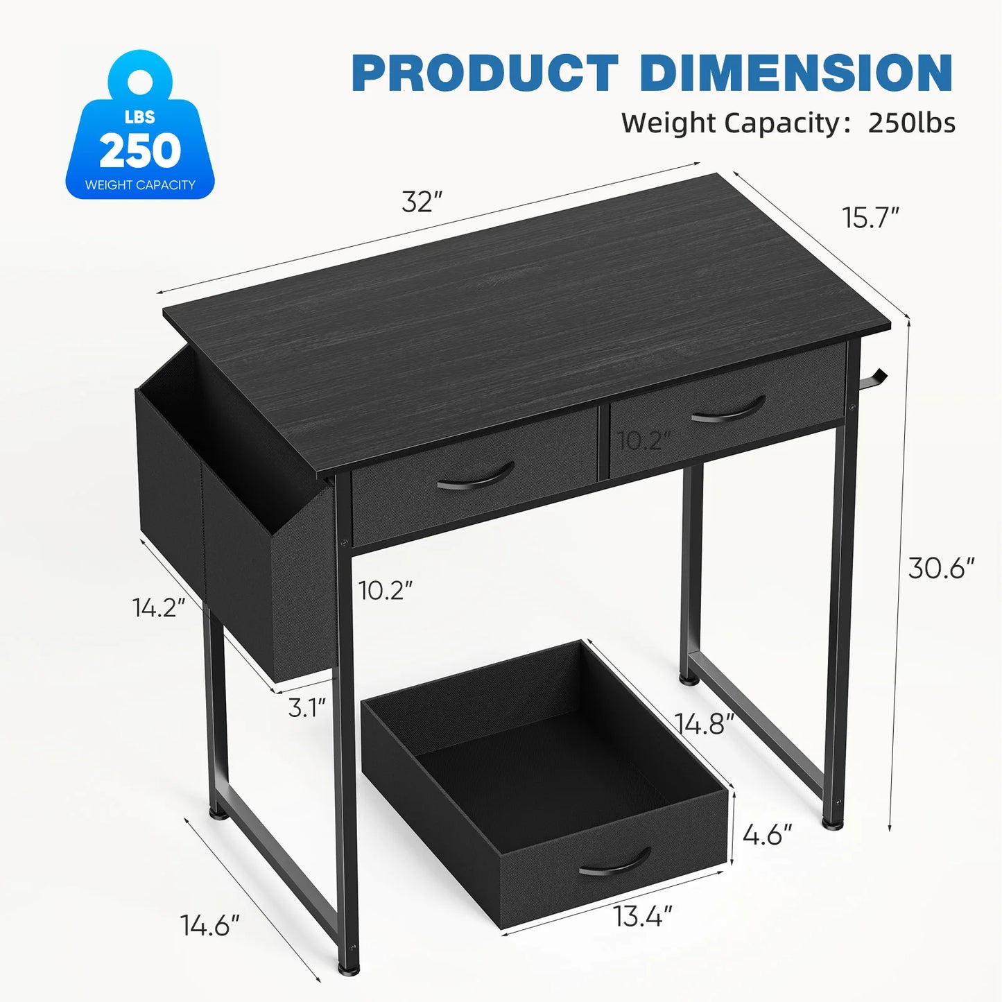 32 Inch Modern Office Desk With Fabric Storage Drawers