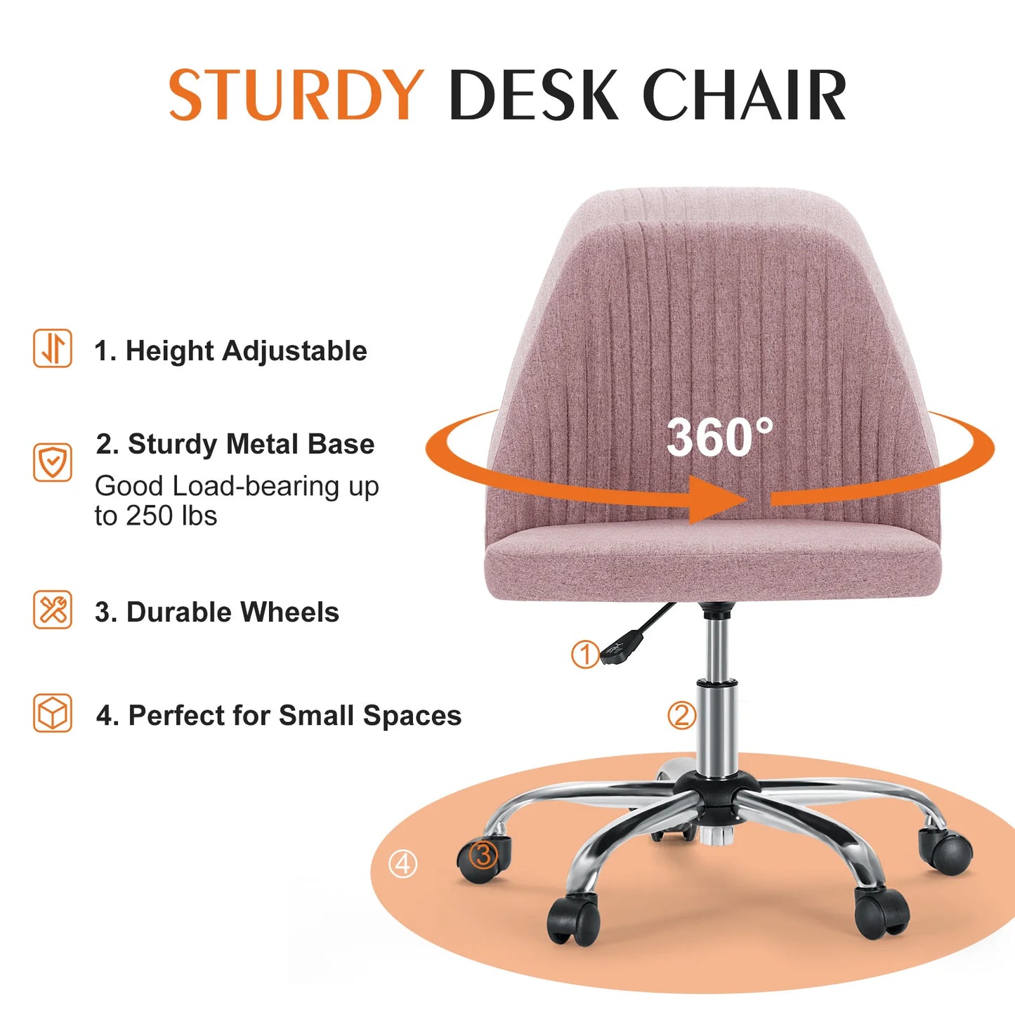 Armless Small Desk Chair With Wheels And Back Support