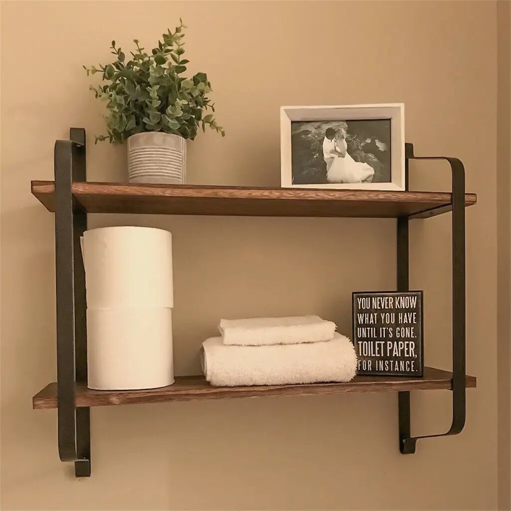 Rustic Industrial Pipe Wall Floating Shelf 2 Tier Storage