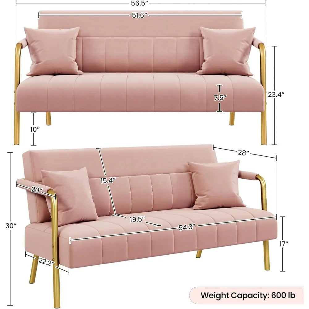 Luxurious Velvet Sofa with Gold-Tone Metal Arms and Legs