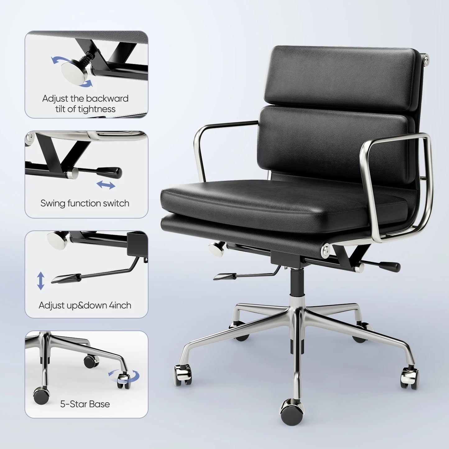 Premium Leather Office Guest Chair With Wheels And Swivel