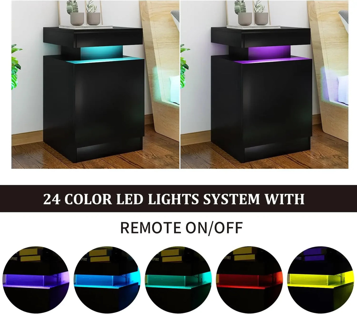 Modern Nightstand Set of 2 with LED Lights and Storage Cabinet