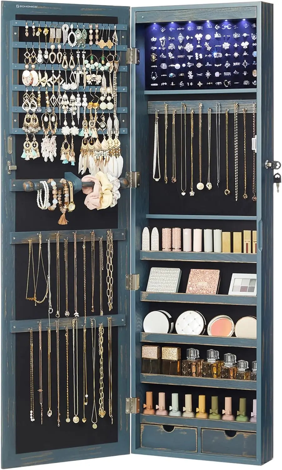 Lockable LED Jewelry Cabinet with Full-Length Mirror and Drawers