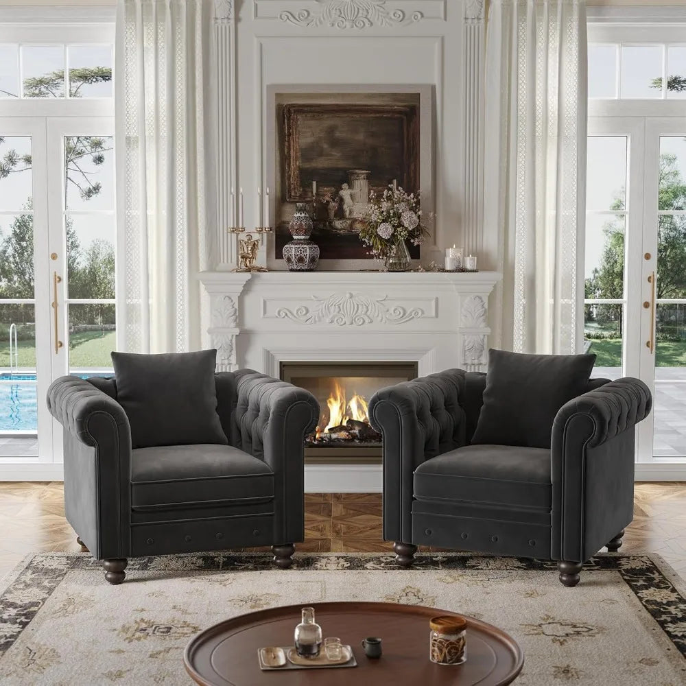 Velvet Armchair, Chesterfield Chair for Living Room, Tufted Accent Chair with Throw Pillow, Comfy Rolled Arm Club Chair, Springs