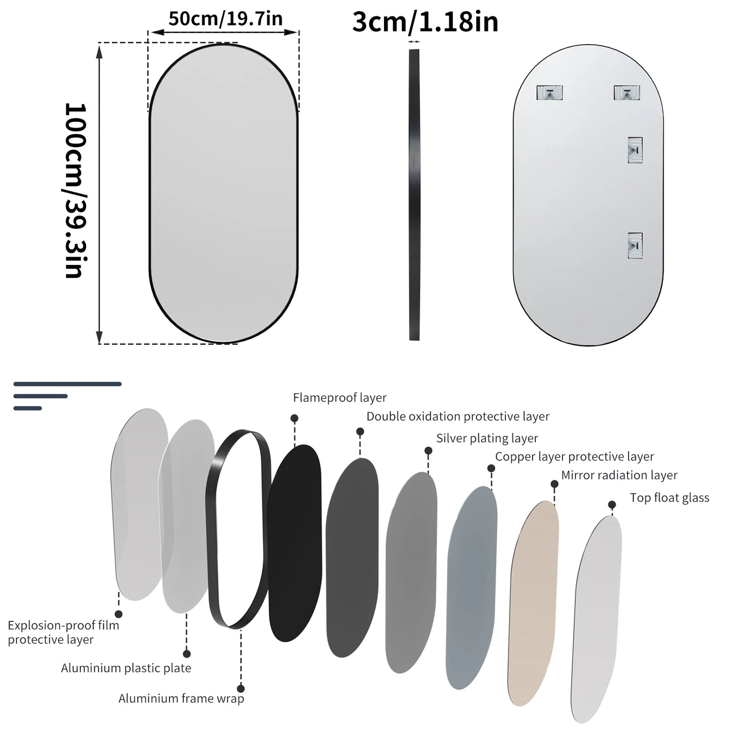 50x100CM Oval Black Metal Framed Wall Mirror Makeup for Living Room Entryway Bathroom Vanity Mirror Decor