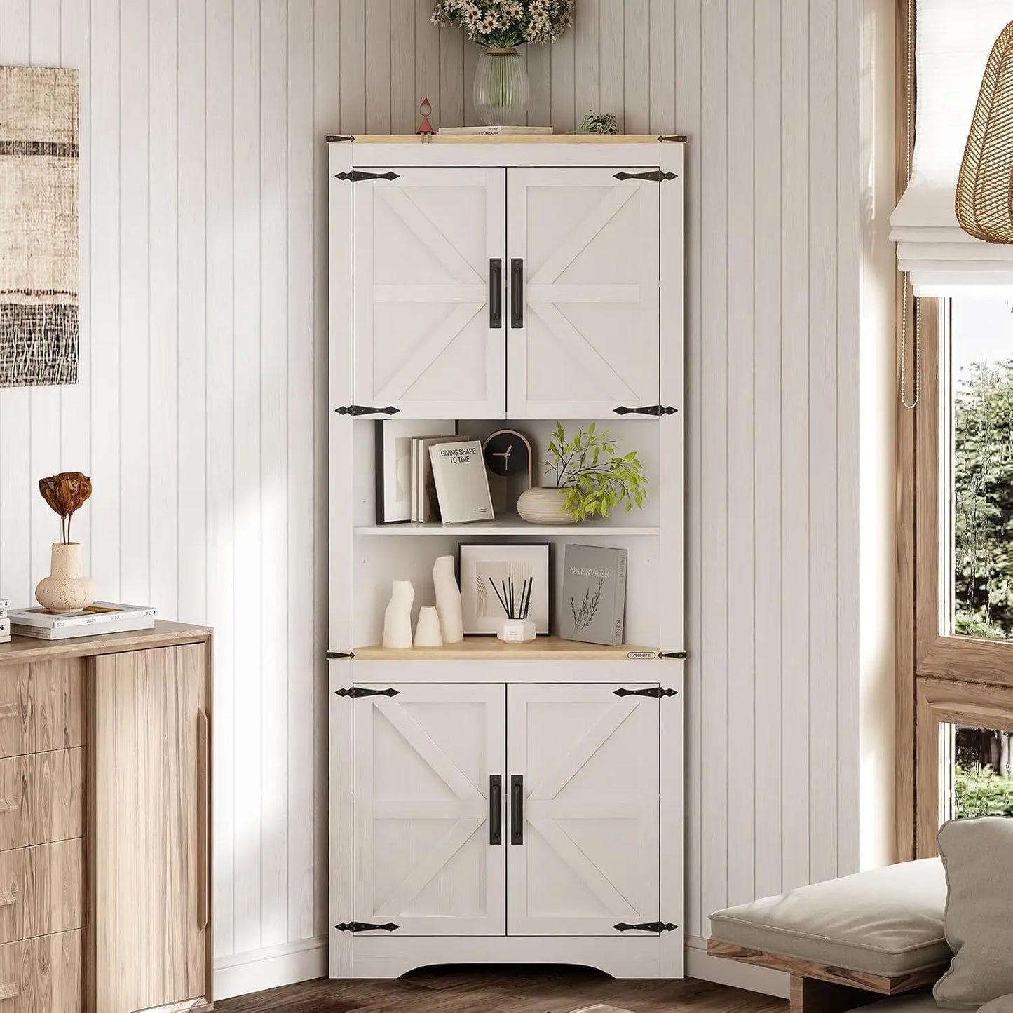 Redlife 70.5''Tall Corner Cabinet, Farmhouse Storage Cabinet with Barn Door Design & Adjustable Shelves for Bathroom Living Room