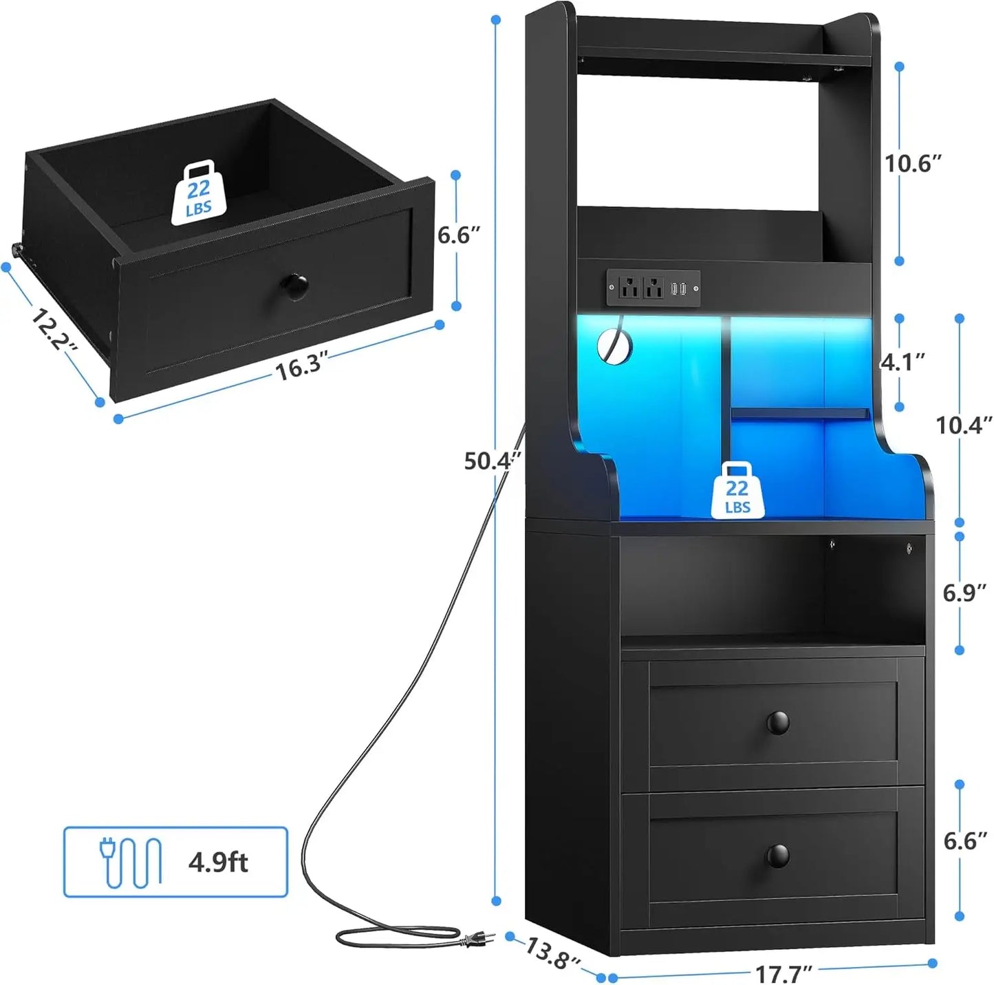 Tall Nightstand with LED Lights and USB Charging Station