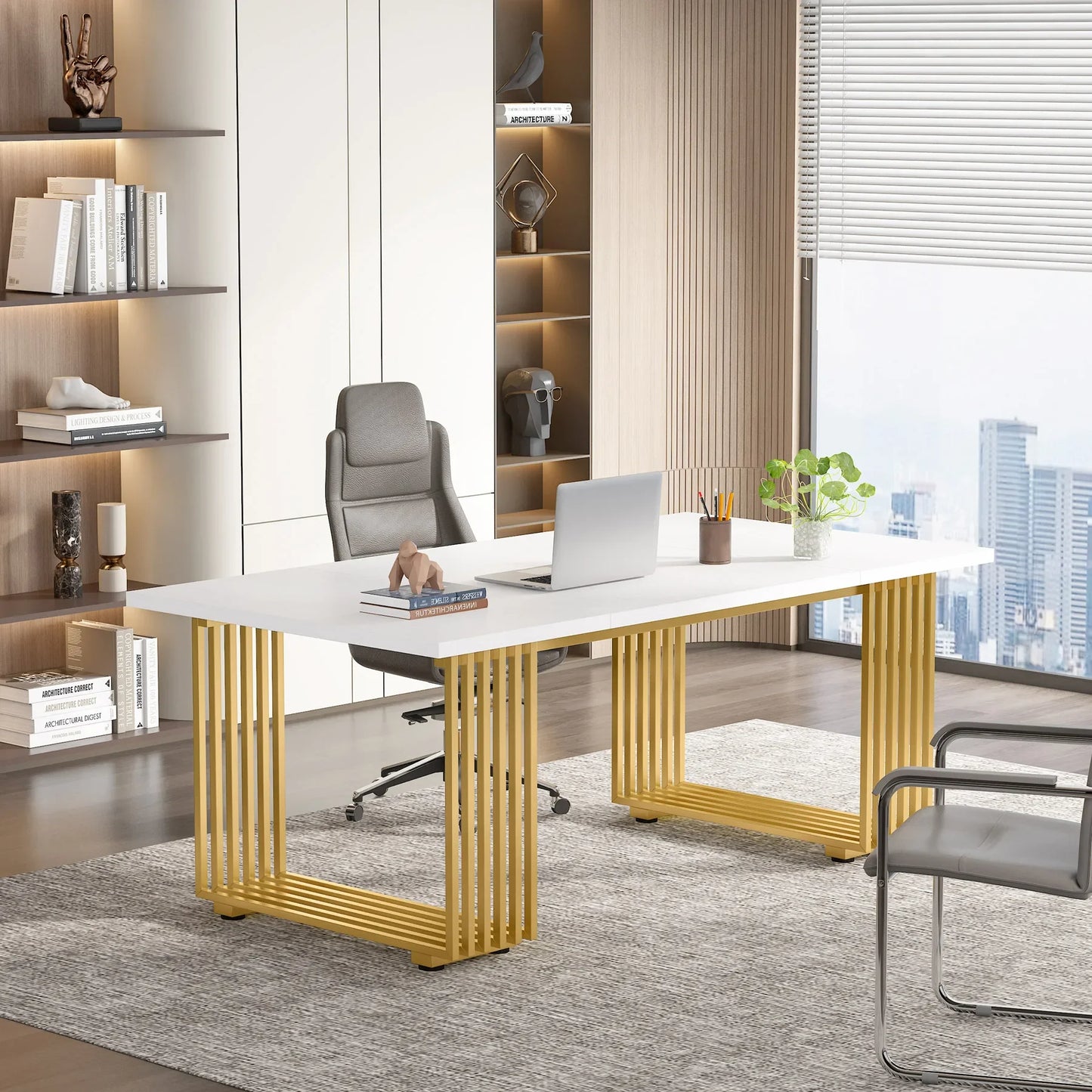 Tribesigns Modern Office Desk With Gold Metal Legs Premium