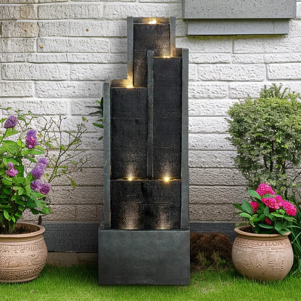 4-Tier Modern Outdoor Water Fountain with LED Lights