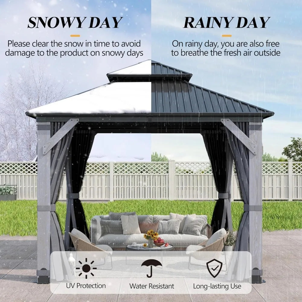 10X10 Outdoor Wood Gazebo With Hardtop And Curtains